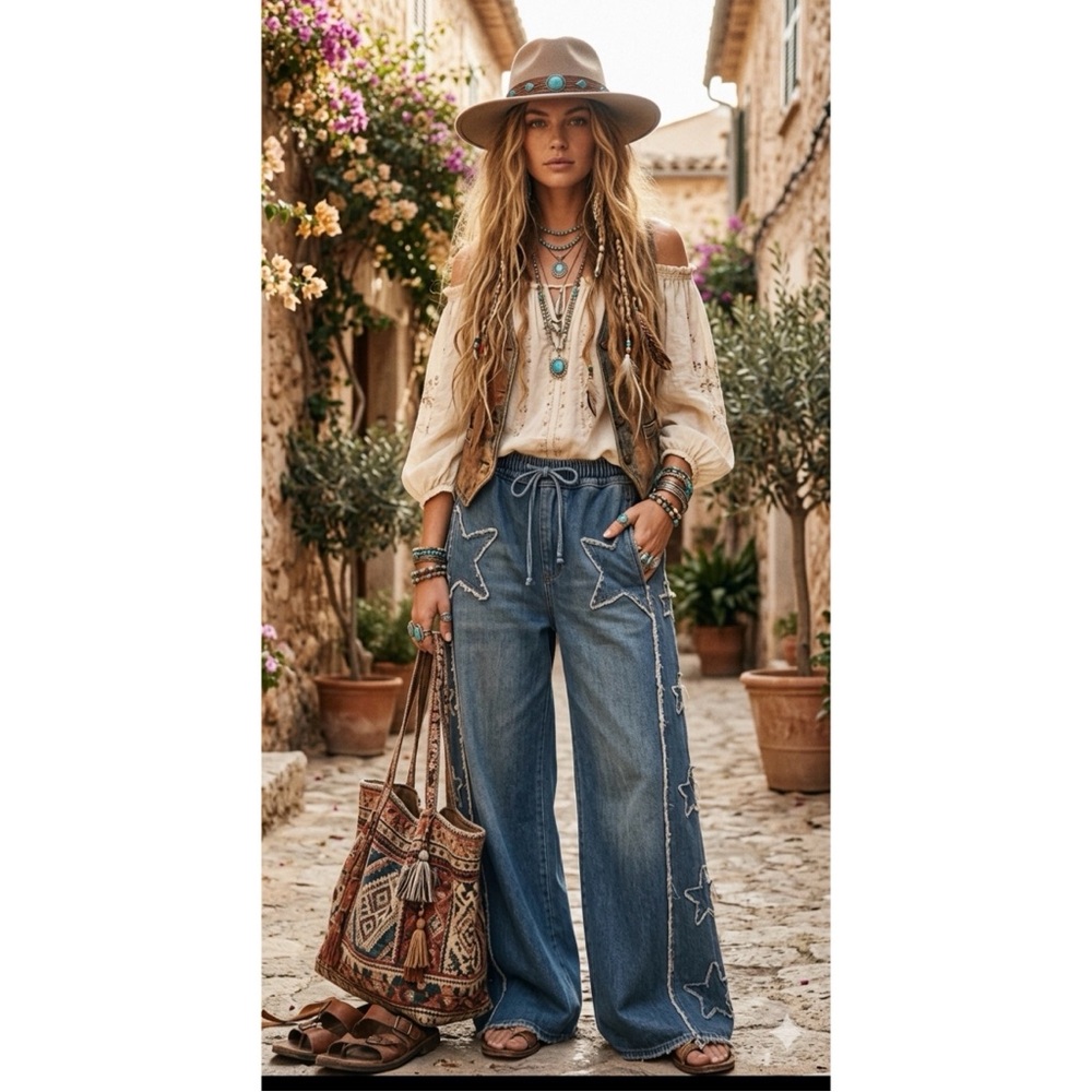 Sage & Fig Frayed Star Patch Wide Leg Jeans NWT SZ M